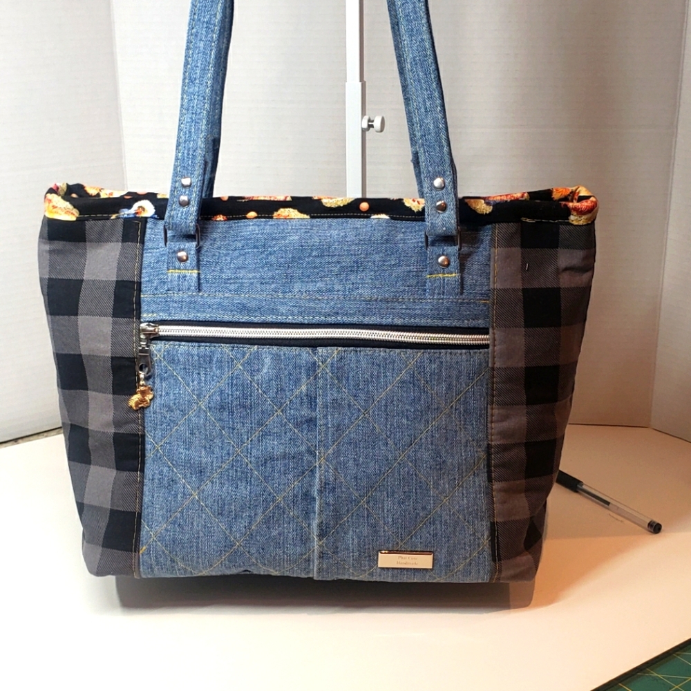 Handmade Reclaimed Denim And Cotton Tote Bag.